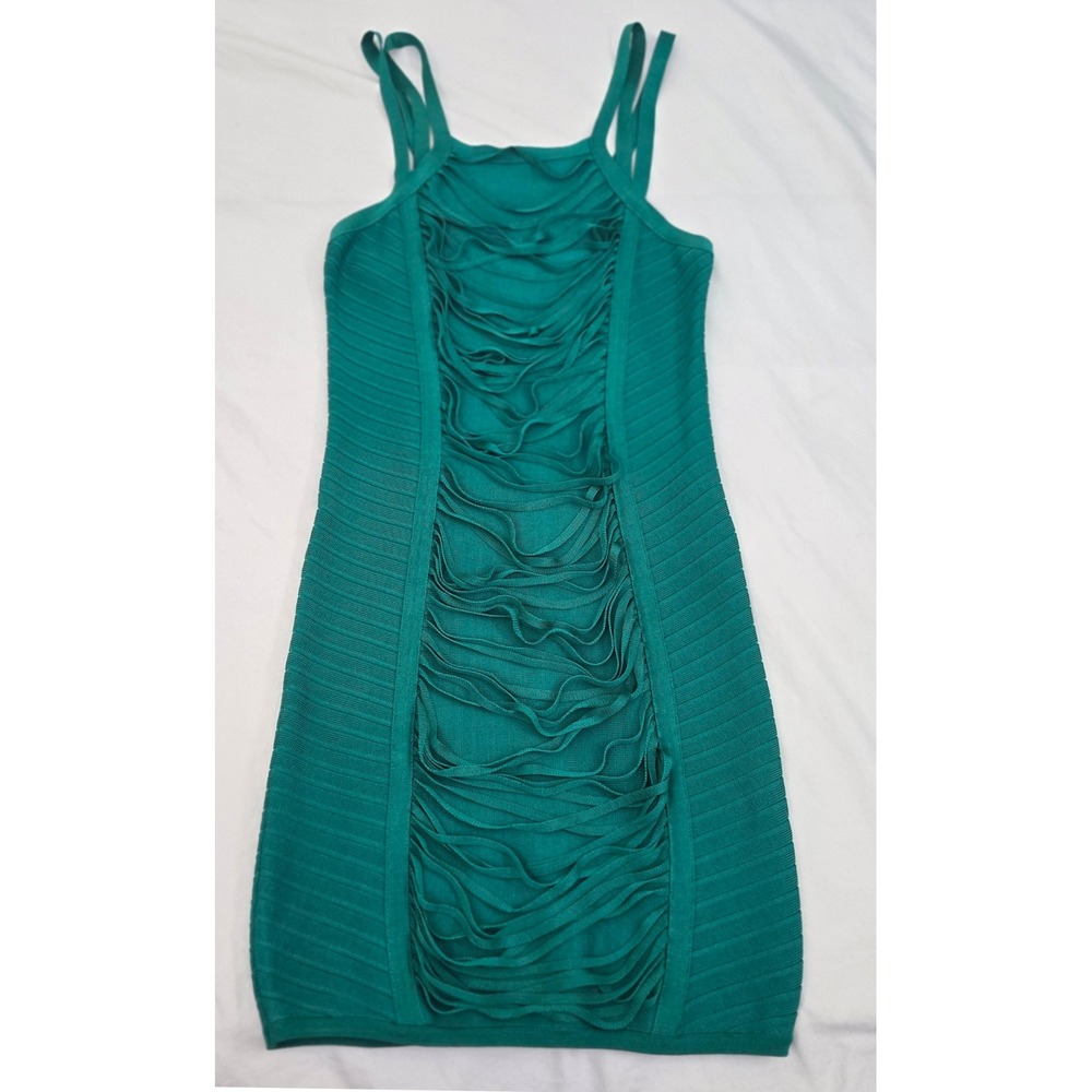 Vintage bebe Bandage Fringe Mini Dress Women's S Teal Emerald‎ Y2K Clubwear
